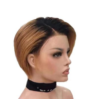 China Good Thickness and Small Short Hair LK12 AShort Pixie Cut Lace Front BOB Wig Ombre Brown 100% Lace Pre-drawn Virgin Remy Front Black Female Wig for sale