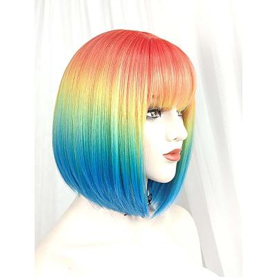 China New Design Bob Elf Shortcut Wig Colored Silky Straight Hair Blonde LK Wave Blue Red With Bangs Holiday Party Style for sale