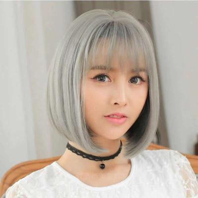 China LK Silky Straight Wave Bangs Gray Wig Blonde 14 Inch Silky Straight Synthetic Wig 2022 Best Selling Cheapest Heat Resistant Short Straight Hair for sale