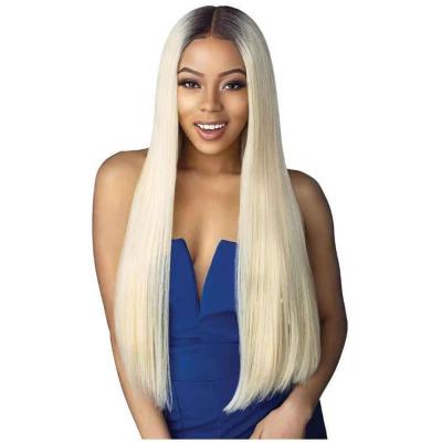 China Hot Selling Super Wave African LK Wig Natural Shaped Brown Gradient Blonde Center Split Color Long Straight Synthetic Wig for sale