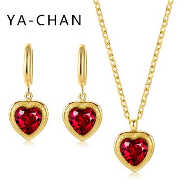 China YA-CHAN TRENDY Emerald Zircon Heart Ear Buckle 14K Gold Plated Stainless Steel Jewelry Sets Red White Delicate Love Earring for sale