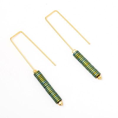 China TRENDY Vintage Bohemian Knit Green/Brown Stone Geometric Earrings Gold High Quality Hook Beads Long Earring For Women for sale