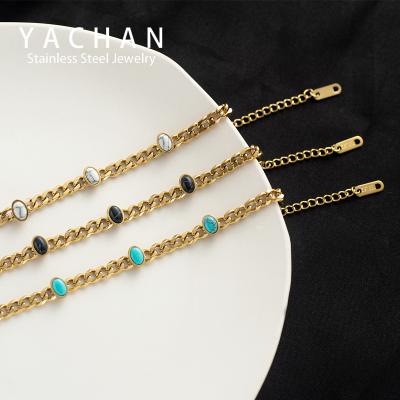 China Vintage factory European natural titanium simple stone wholesale and American steel bracelet inlaid oval turquoise cuban chain bracelet for sale