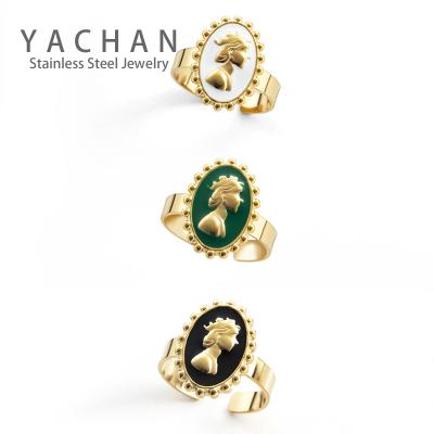 China Fashion TRENDY Vintage YA-CHAN Enamel Rings Stainless Steel Queen Head Rings Opening Adjustable Jewelry for sale