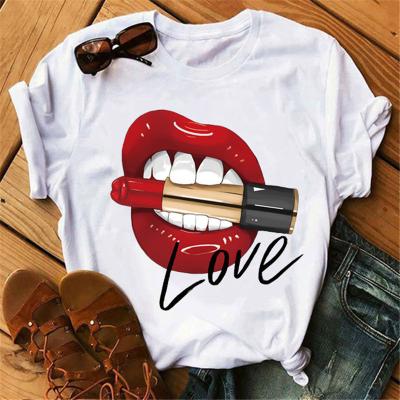 China Anti-Wrinkle Misani Women Tops Short Sleeve O-neck Basic T-shirts Women White Tee Print Love Lip Love Lip Girls Funny Shirt All-match red for sale