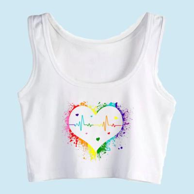 China Anti-Wrinkle Misani Customized Crop Rainbow Top Female Heartbeat Hip Hop White Sleeveless Women Tops for sale