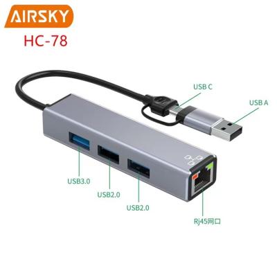 China wholesale LAPTOP 2 in 1 aluminum alloy USB C USB A to Ethernet rj45 adapter USB HUB for type c phone and laptop for sale