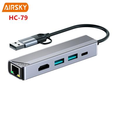 China Mobile Devices .desk Computer 5 in 1 Multi Type C network card Ethernet Connector Rj45 With 4K hd-mi Usb 3.0 Hub PD USB C for laptop for sale