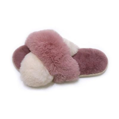 China Plush Indoor Or Outdoor Fashion Trend Cross Stripe Soft Fleece House Slippers For Women for sale