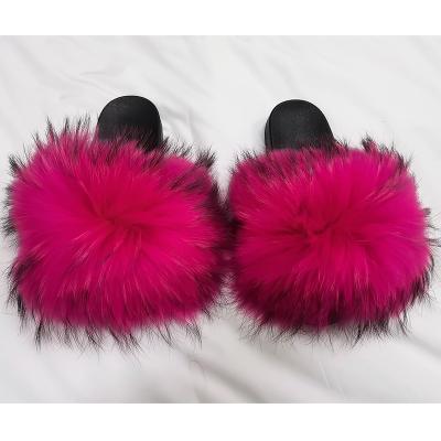 China 2023 Fashion Trend Custom Women's Slippers Autumn Spring Real Fuzzy Fox Furry Fluffy Warm Raccoon Fur Slippers For Women for sale