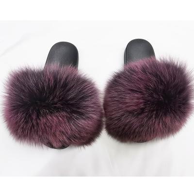 China Fashion Trend Custom Women's Slippers Real Fuzzy Fox Fur Slides Slippers Four-Season Furry Fluffy Warm For Women for sale