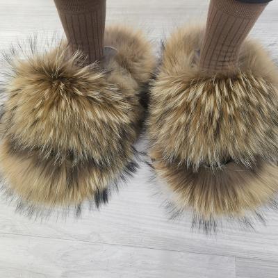 China Zandalias Furry Women's Furry Slippers Women's Wide Unique Fashion Trend Raccoon PVC Fur Slides Print Logo Extra Fluffy Brown Slippers for sale