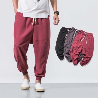 China QUICK DRY Chinese Style Casual Fashion Outfits Retro Pants Trend Bloomers Mid Waist Japanese Cotton Canvas Lace Up Solid Color Loose Outfits for sale