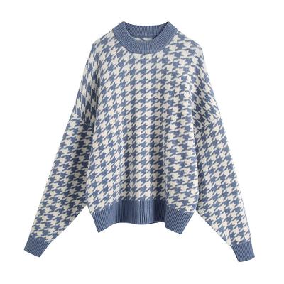 China Anti-Wrinkle Amazon Tops Factory Sale Women Direct Crew O-Neck Long Sleeve Knitted Oversized Ladies Houndstooth Pullover Sweater for sale