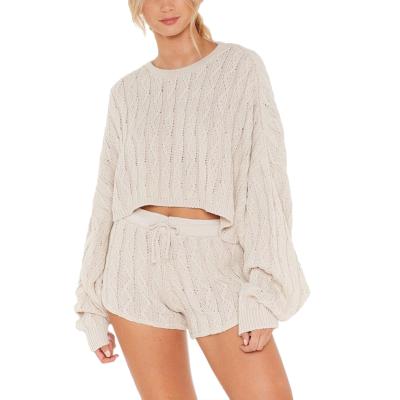 China Anti-wrinkle custom design drop salon sweater shorts batwing sleeve cable knit women sweater suit for sale