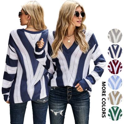 China Anti-wrinkle Autumn Fashion Trendy Striped Colorblock 2021 Knitted V-Neck Pullover Tops Women Sweater for sale