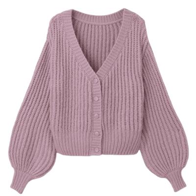 China Anti-wrinkle Autumn Women Puff Sleeve V-neck Loose Cardigan Knitwear for sale