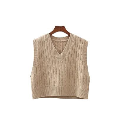 China Anti-Wrinkle High Quality Vintage V Neck Cable Knitted High Waist Short Sweater Vest Women for sale