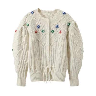 China Anti-Wrinkle CY BSCI Certificate White Color Cardigan Patterns Hand Made Floral Size Stitches Adjustable Cardigan Women Sweater for sale