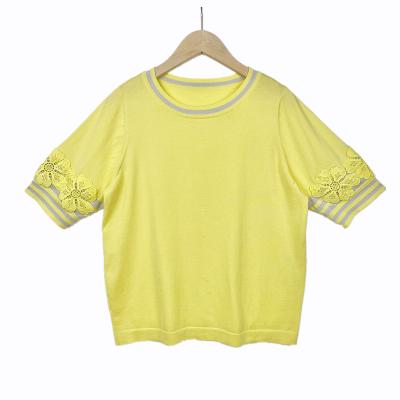 China Anti-wrinkle CY BSCI certificate bright yellow summer season short style shirt women fashion lace border jumper for sale