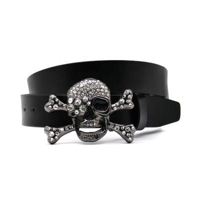 China Fashion.Casual Wide Belt European and American fashion punk trend new men's leather belt inlaid with skull head metal buckle women's belt jeans for sale