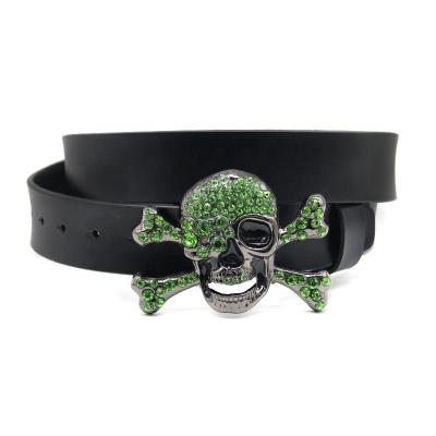 China 100 Genuine Cowhide Leather New Fashion Trend Gun Color Green Men's Genuine Leather Cowhide Belt with Skeleton Head Metal Belt Buckle Men's Jeans Belt for sale