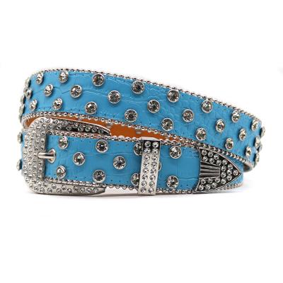 China Fashion.Casual Wide Belt European and American New Lake Blue Water Diamond Belt Women's Inlaid Full Diamond Rivet Punk Fashion Trend Women's Style for sale