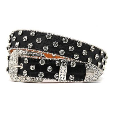 China Fashion.Casual Wide Belt Western Fashion Women's Black Crocodile Rhinestone Belt Inlaid with Full Diamond Rivets Hip Hop Punk Women's Jeans for sale