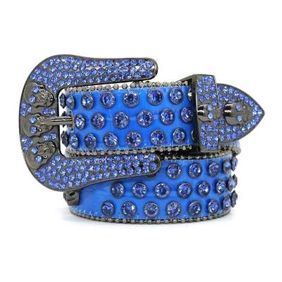 China Fashion.Casual Wide Belt Blue Rhinestone Belt Men's Skull Head Button Belt Hip Hop Punk Personalized Street Jeans Belt Factory Direct Sales for sale