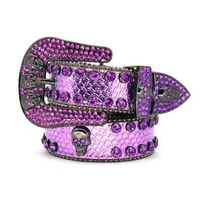 China Rhinestone Embedded Purple Snake Pattern Rhinestone Belt Skull Head Button Head Belt Hip Hop Punk Personality Street Trend Women's Belt for sale