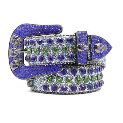 China Rhinestone Embedded Blue Colorful Rhinestone Belt Skull Head Button Hip Hop Punk Personalized Fashion Trend Women's Belt Factory Direct Sales for sale