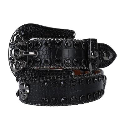 China Fashion.Casual Wide Belt New Water Diamond Belt Skeleton Head Button Belt Hip Hop Punk Fashion Trend Baita Men's Jeans Factory Direct Sales for sale