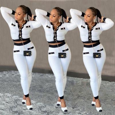 China Two Piece Anti-pilling Buckle Solid Color Stitching Small Scent Leisure Women Clothing Pants Two Piece Set for sale