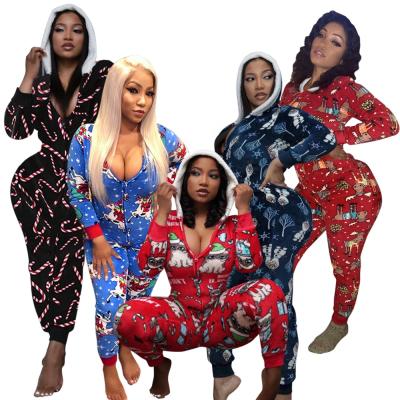 China 2021 Winter Hoodies Christmas QUICK DRY Pajamas Print V-neck Jumpsuit Women Christmas Onesie Home Wear for sale