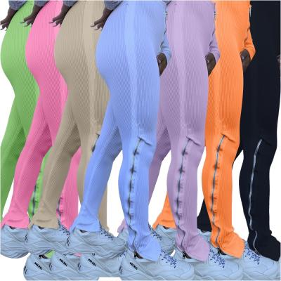 China 2021 Anti-Wrinkle High Waist Bodycon Ribbed Knit With Solid Color Zipper Split Female Skinny Yoga Jogger Mujer Pants Women for sale