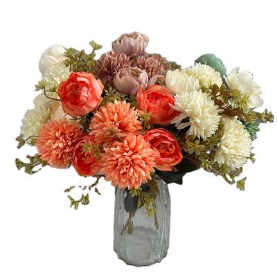 China Fabric 7 fork autumn silk peony and chrysanthemum combination decoration wedding artificial flowers decorative for sale