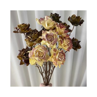 China Decorative Dry Flowers 3-Head Forever Rose Flower For Home Wedding Abrasive Cloth Artificial Flowers for sale