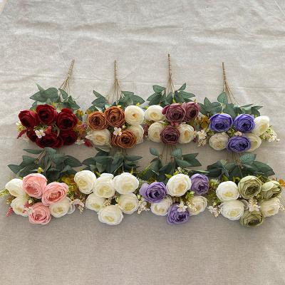 China Silk Fabric OUZI 9 Head Auspicious Round Rose Wedding Decoration Artificial Flowers Decorative for sale