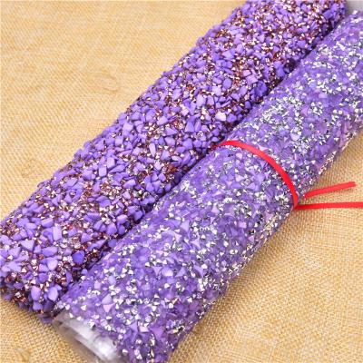 China Minimalist 24*40cm Natural Resin Faux Stone Sheet Purple Stone Hotfix Crushed Cast/Self Adhesive Dense Hot Drill Mesh Sheet Accessories for sale