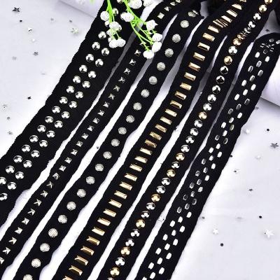 China Wholesale Viable Diy Garment Accessories Beaded Mesh Cloth Metal Rivet Barcode Black Ribbon Hand-sewn For Decorative Pants Dress Belt for sale