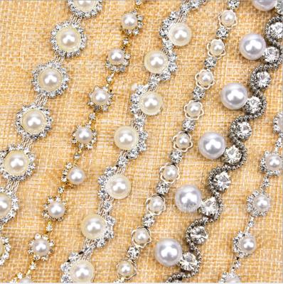 China DIY Decoration Rhinestone Pearl Flower Chain Rhinestone Flower Chain Trimming Semicircle Crystal Diamond Nail Beaded Garment Wedding Dress Accessories DIY Chain Decor for sale