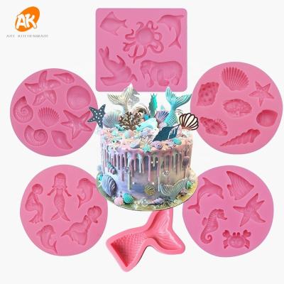 China Viable AK Mermaid Fishtail Conch 3d Silicone Fondant Molds Set Cake Decorating Supplies Tools Fondant Cake Mold Chocolate Candy Mold for sale