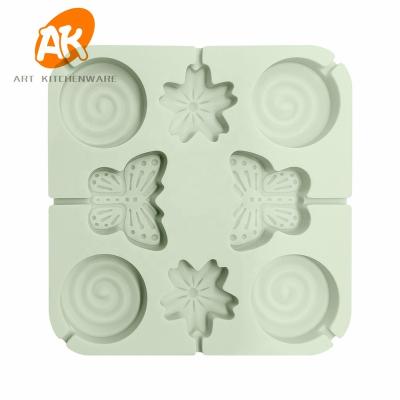 China Viable AK 8 Cavities Butterfly Flower Lollipop Chocolate Hard Candy Silicone Molds Cake Decorating Tools with Lid for Bakery SM-2470 for sale