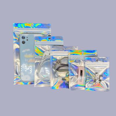 China Recyclable Holographic Aluminum Foil Mylar Zipper Bag With One Side Clear For Makeup Package for sale