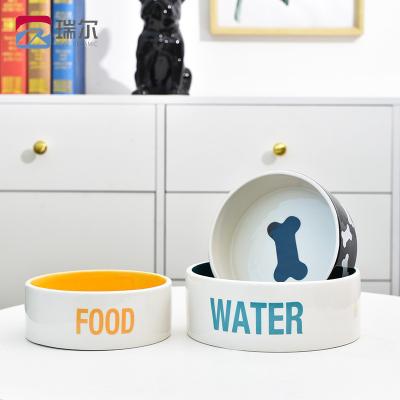 China Non-automatic Wholesale Custom Pet Food Bowl White Printing Pattern Ceramic Pet Food for sale