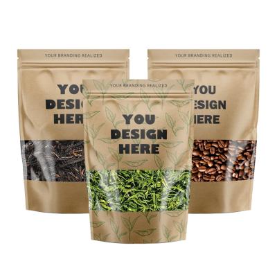 China Disposable Custom stand up pouch natural kraft paper ziplock zipper brown paper tea food coffee bag packaging plastic bag with Window for sale