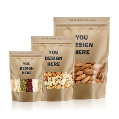 China Recyclable Biodegradable Natural kraft zipper food grade stand up kraft paper bags for nuts tea packaging With Clear Window eco friendly for sale