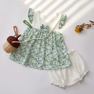 China Summer baby flower green dress high quality anti-shrink jumpsuit set baby print baby jumpsuits for sale