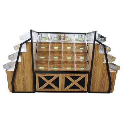 China Heavy duty double sided wood-steel supermarket snack display stand for sale for sale