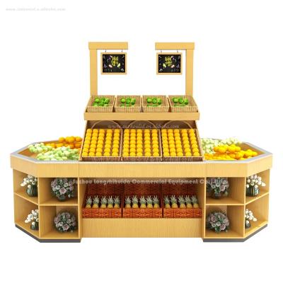 China Fruit Vegetable Double Sided Wooden Shelf Design Wooden Display Rack for sale